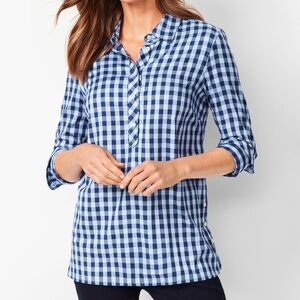 Talbots Women LP Blue Gingham Long Sleeve Button Side Popover Tunic Blouse